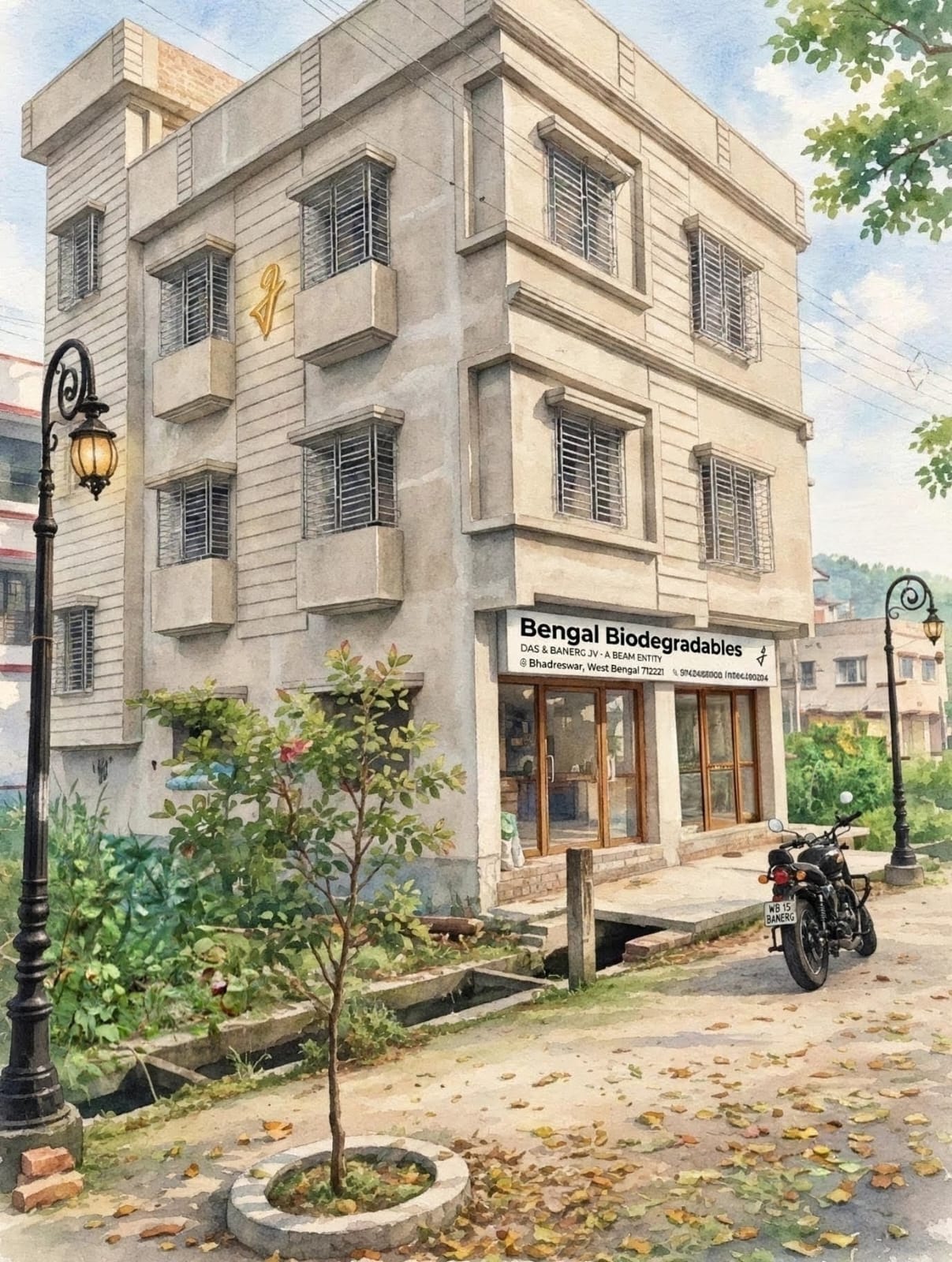 Watercolour illustration of the Bengal Biodegradables facility in Bhadreswar